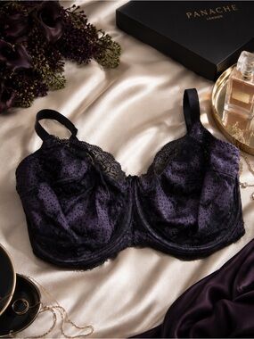 Panache Clara Balconette‎ Full Cup Bra 40J Black Purple Lace Underwire Minimizer